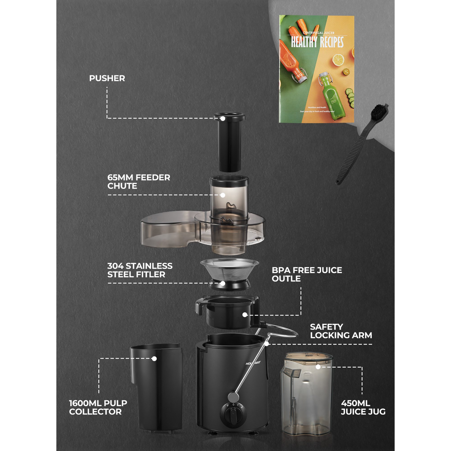 Juicer Machine with Wide Mouth 3" Feed Chute for Fruits and Vegetables, Black
