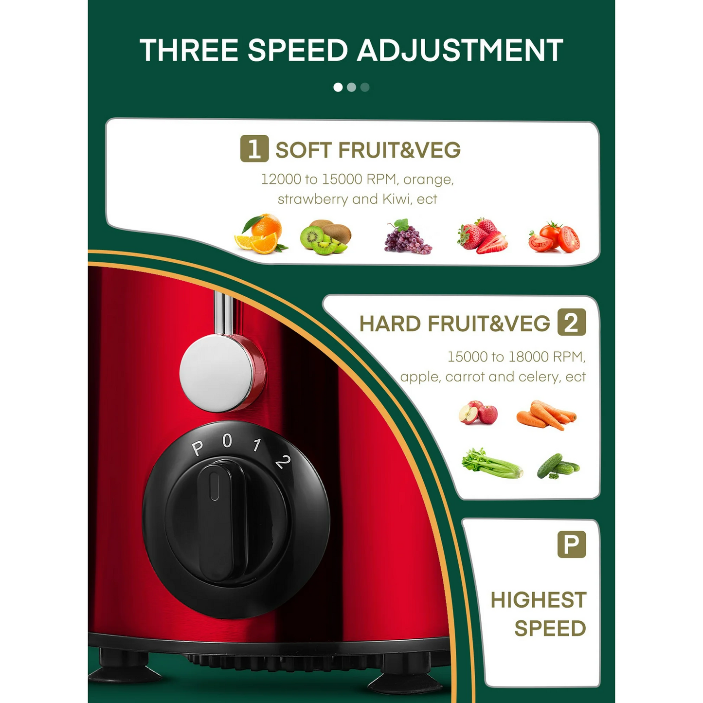 Juicer Machine with Wide Mouth 3" Feed Chute for Fruits and Vegetables, Red