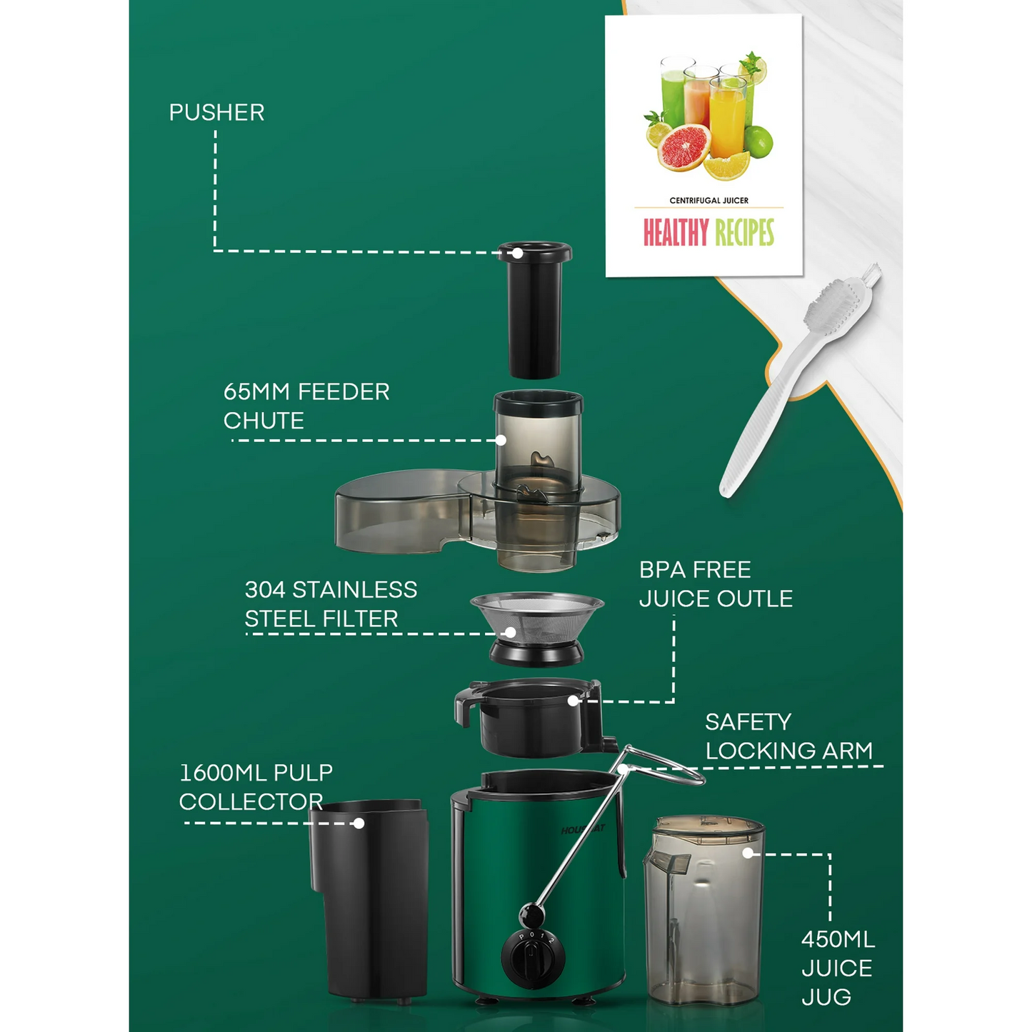 Juicer Machine with Wide Mouth 3" Feed Chute for Fruits and Vegetables, Green