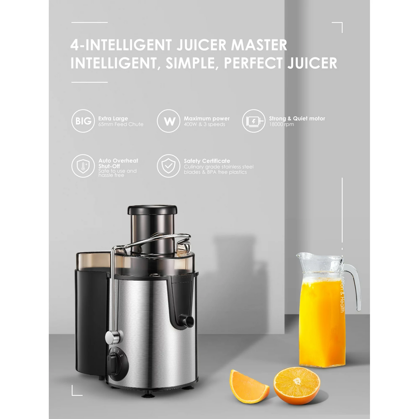 Juicer Centrifugal Juicer Machine Wide 3โ Feed Chute Juice Extractor Easy to Clean, Fruit Juicer with Pulse Function and Multi-Speed Control, Anti-Drip, Stainless Steel BPA-Free