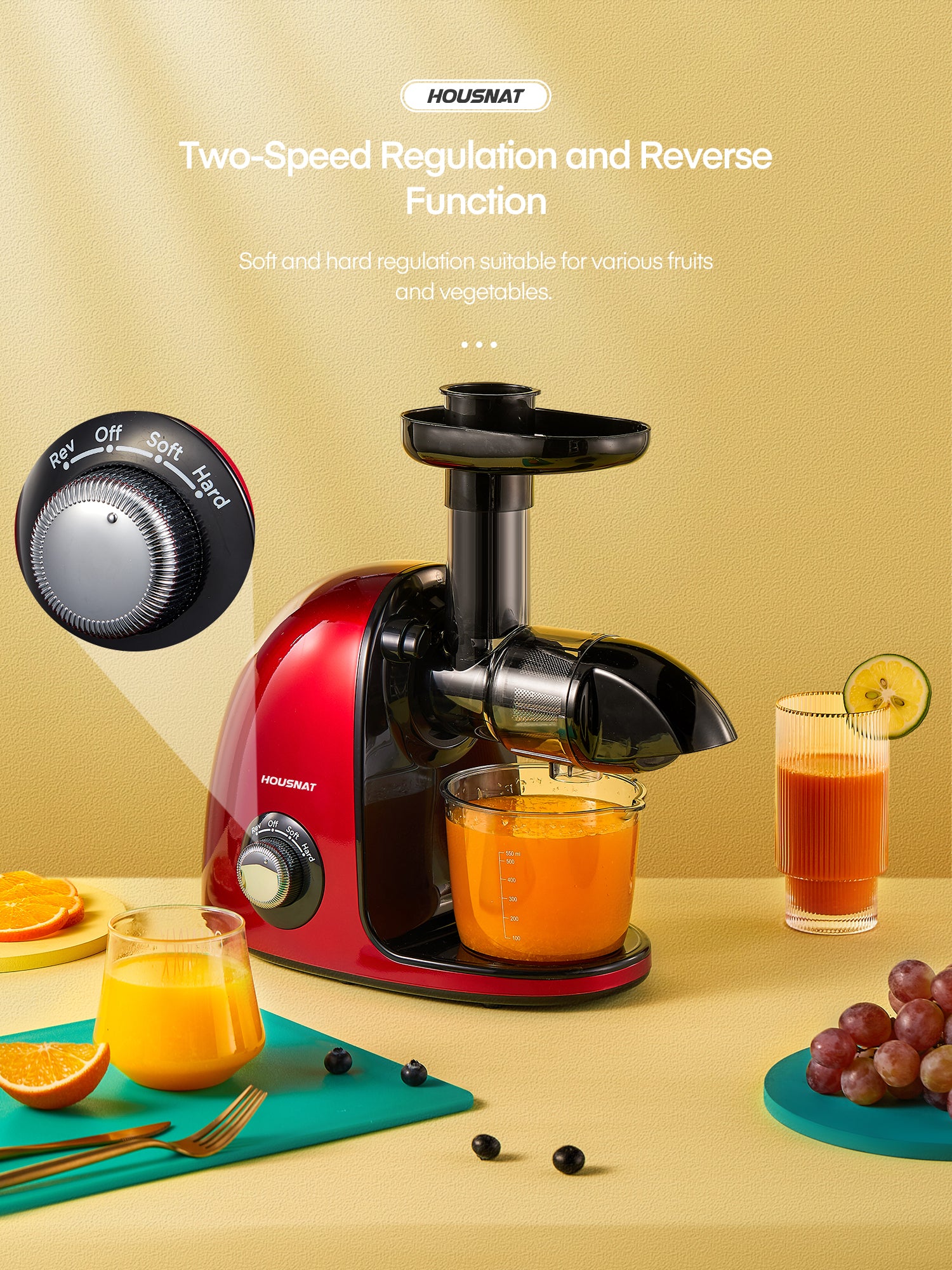 two speed regulation and reverse function, Juicer Machines Easy to Clean, HOUSNAT Slow Masticating Juicer with 2-Speed Modes, Cold Press Juicer Extractor for Fruits & Vegetables with Quiet Motor, Reverse Function, Recipes (Passion Red)