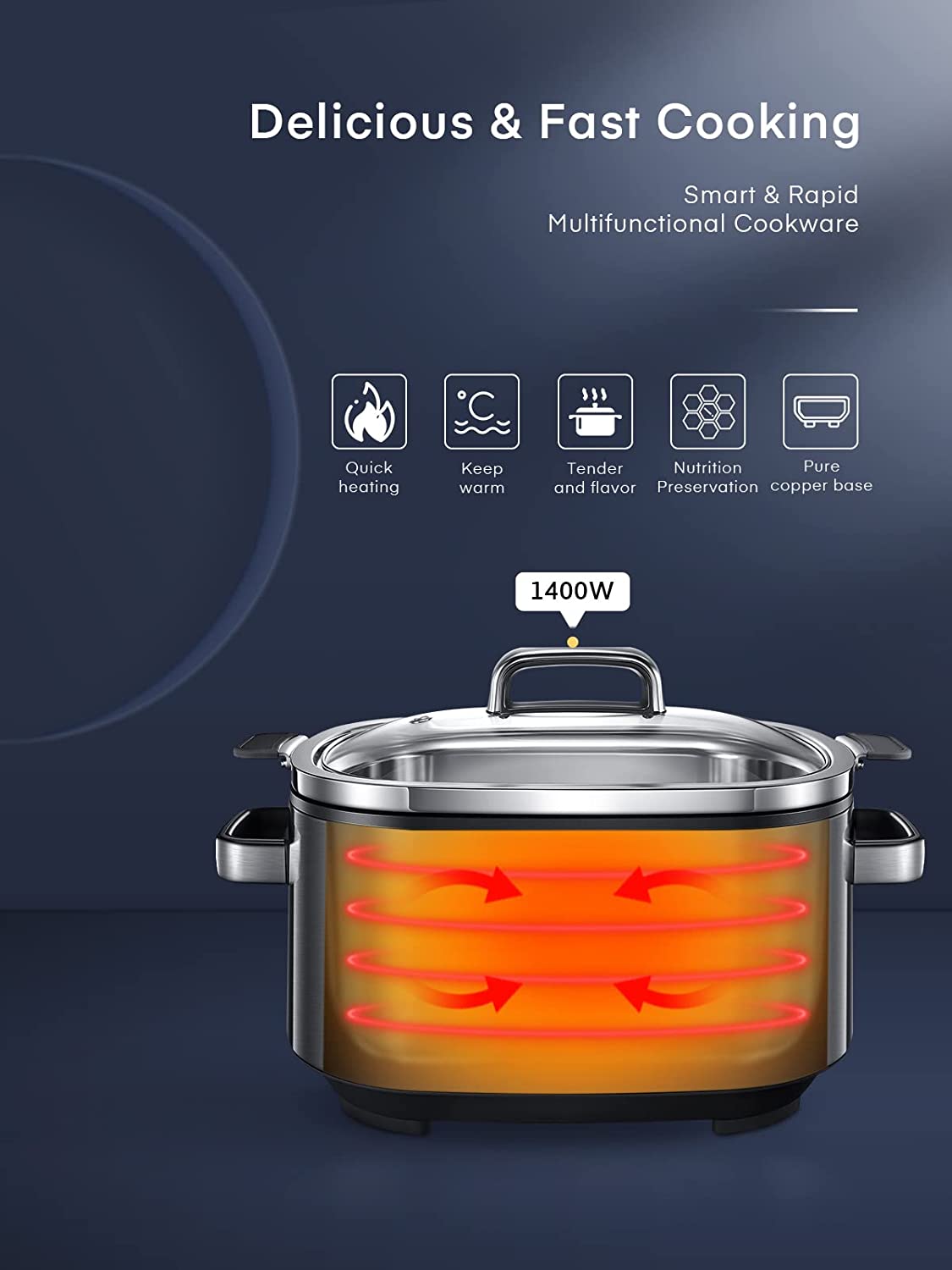 Slow Cooker, HOUSNAT 10 in 1 Programmable Cooker, 6Qt Stainless Steel, Rice Cooker, Yogurt Maker, Delay Start, Steaming Rack and Glass Lid, Adjustable Temp&Time for Slow Cook with Digital Timer