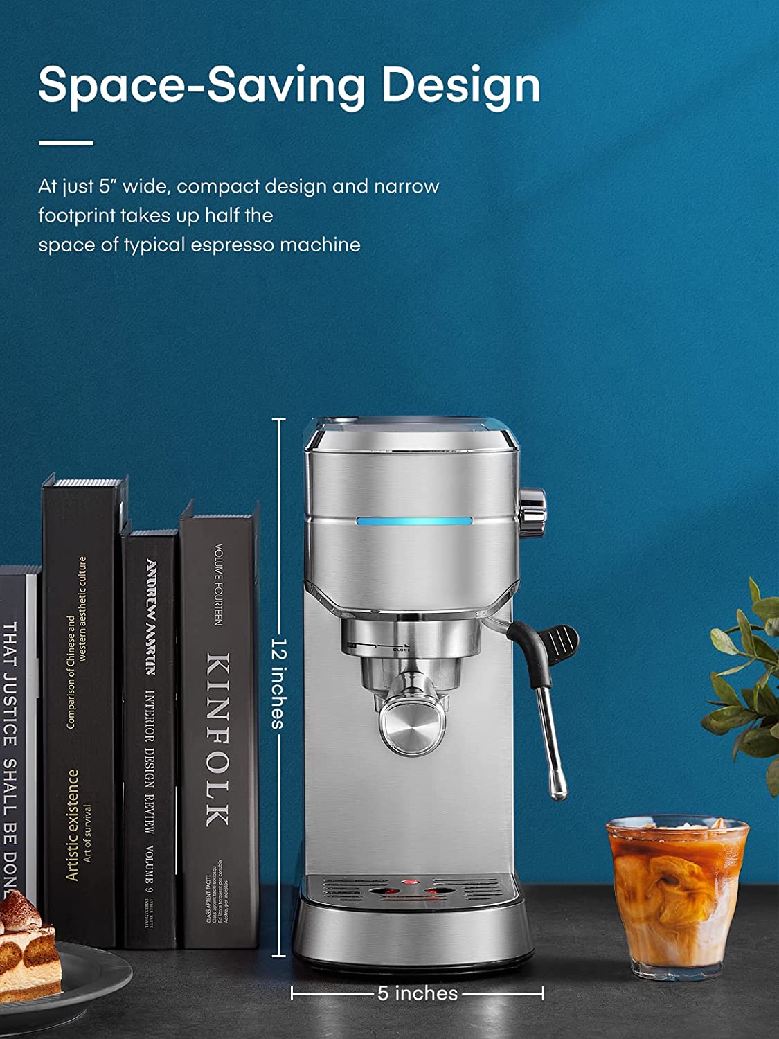 space saving design, HOUSNAT Espresso Machine, 20 Bar Espresso and Cappuccino Maker with Milk Frother Steam Wand, Professional Espresso Coffee Machine for Cappuccino and Latte, Compact Design, Brushed Stainless Steel