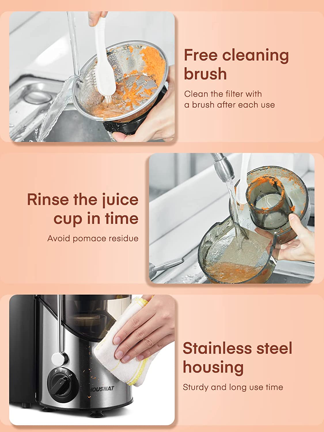 good juicer, Juicer Machine, Juicers Easy to Clean, HOUSNAT Centrifugal Extractor Juicer 3 Speeds with Big Mouth 3" Feed Chute, Juicer Extractor for Fruits & Vegs, Electric Juicer with Anti-Slip, BPA-Free