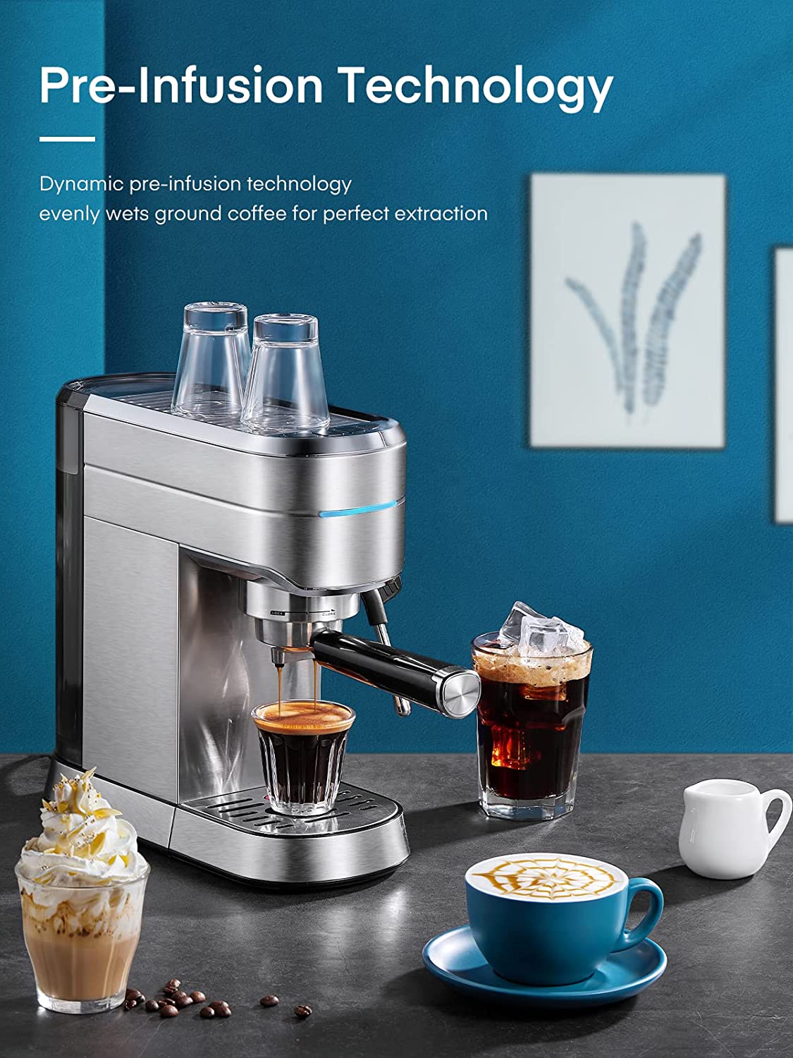pre-infusion technology, HOUSNAT Espresso Machine, 20 Bar Espresso and Cappuccino Maker with Milk Frother Steam Wand, Professional Espresso Coffee Machine for Cappuccino and Latte, Compact Design, Brushed Stainless Steel