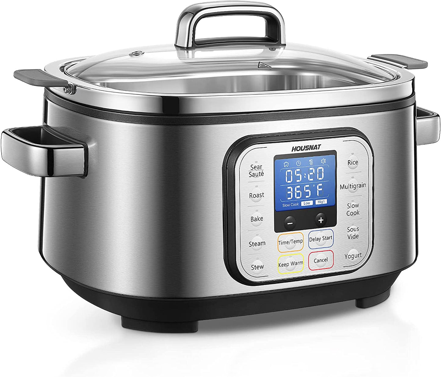 Slow Cooker, HOUSNAT 10 in 1 Programmable Cooker, 6Qt Stainless Steel, Rice Cooker, Yogurt Maker, Delay Start, Steaming Rack and Glass Lid, Adjustable Temp&Time for Slow Cook with Digital Timer