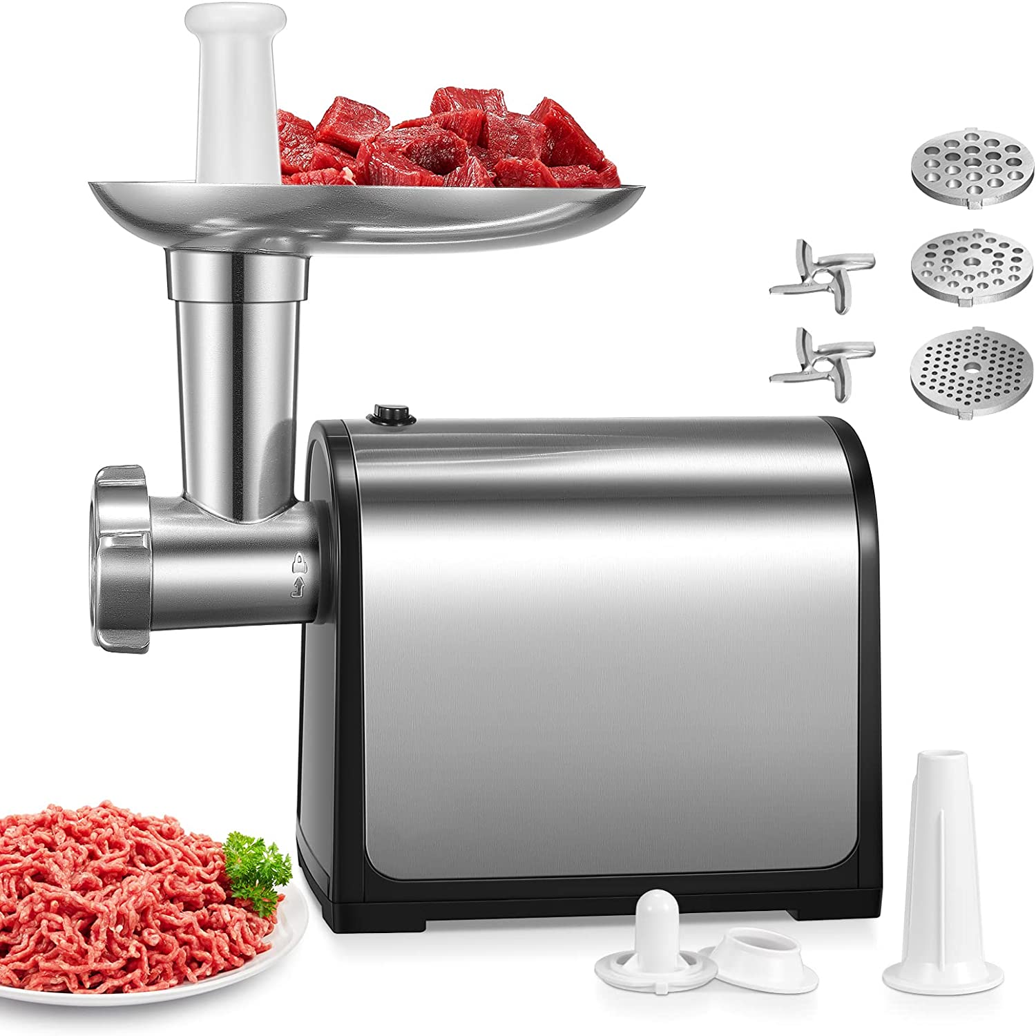 Electric Meat Grinder, Meat Mincer Sausage Stuffer Food Processor with 3  Grinding Plates Sausage Tube & Stainless Steel Blades Kubbe Attachment