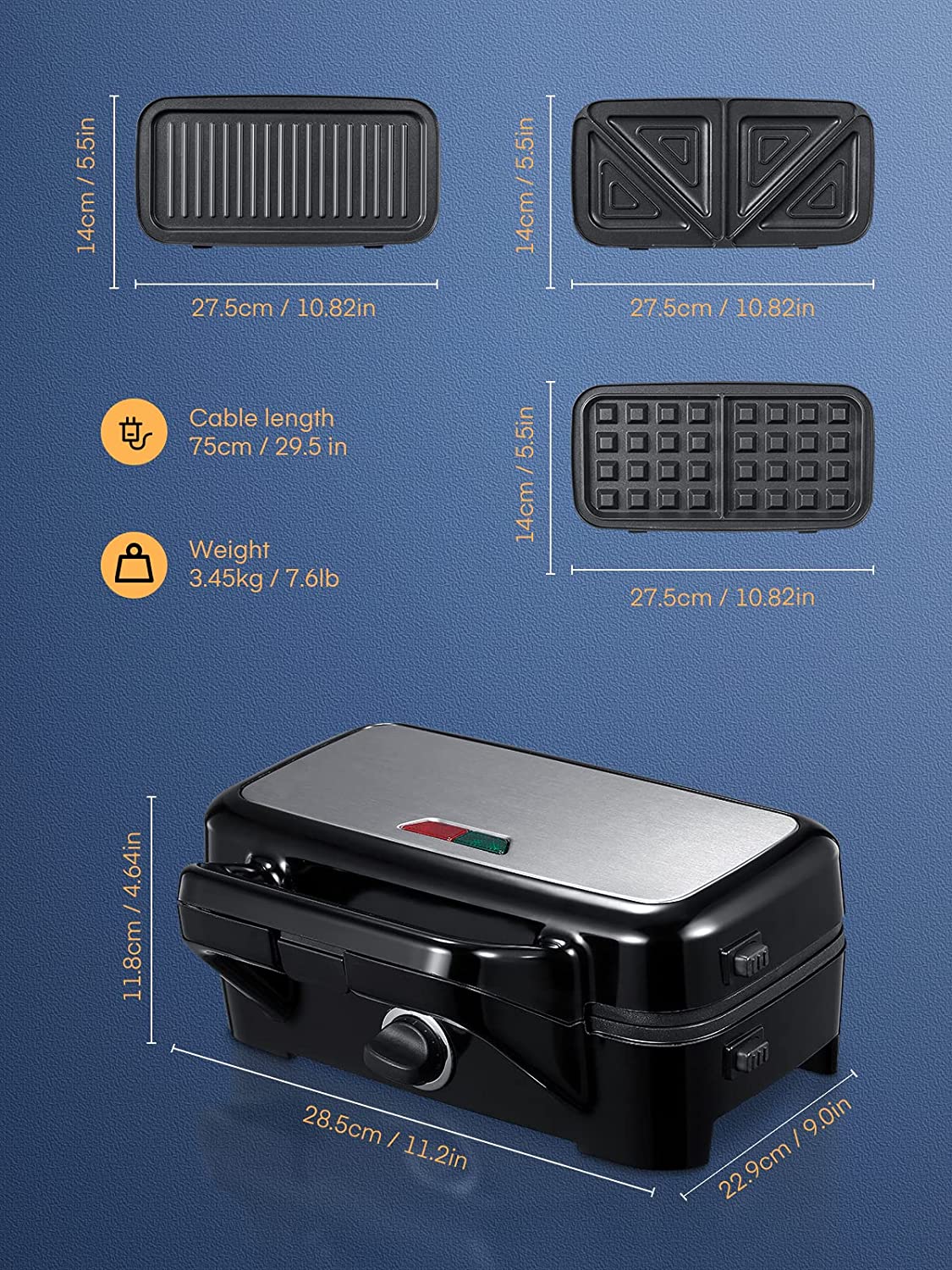 removable plates, HOUSNAT 3 in 1 Sandwich Maker, Waffle Maker with Removable Plates, 1200W Panini Press with Interchangeable Non-Stick Plates, Indicator Lights, 5-gear Temperature Control, Silver/Black