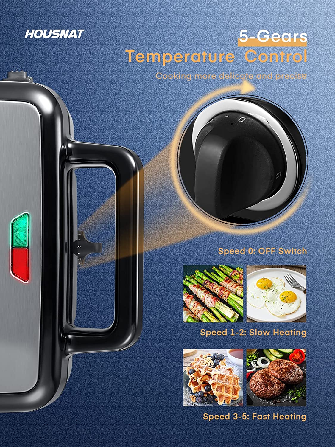 5 gears temperature control, HOUSNAT 3 in 1 Sandwich Maker, Waffle Maker with Removable Plates, 1200W Panini Press with Interchangeable Non-Stick Plates, Indicator Lights, 5-gear Temperature Control, Silver/Black