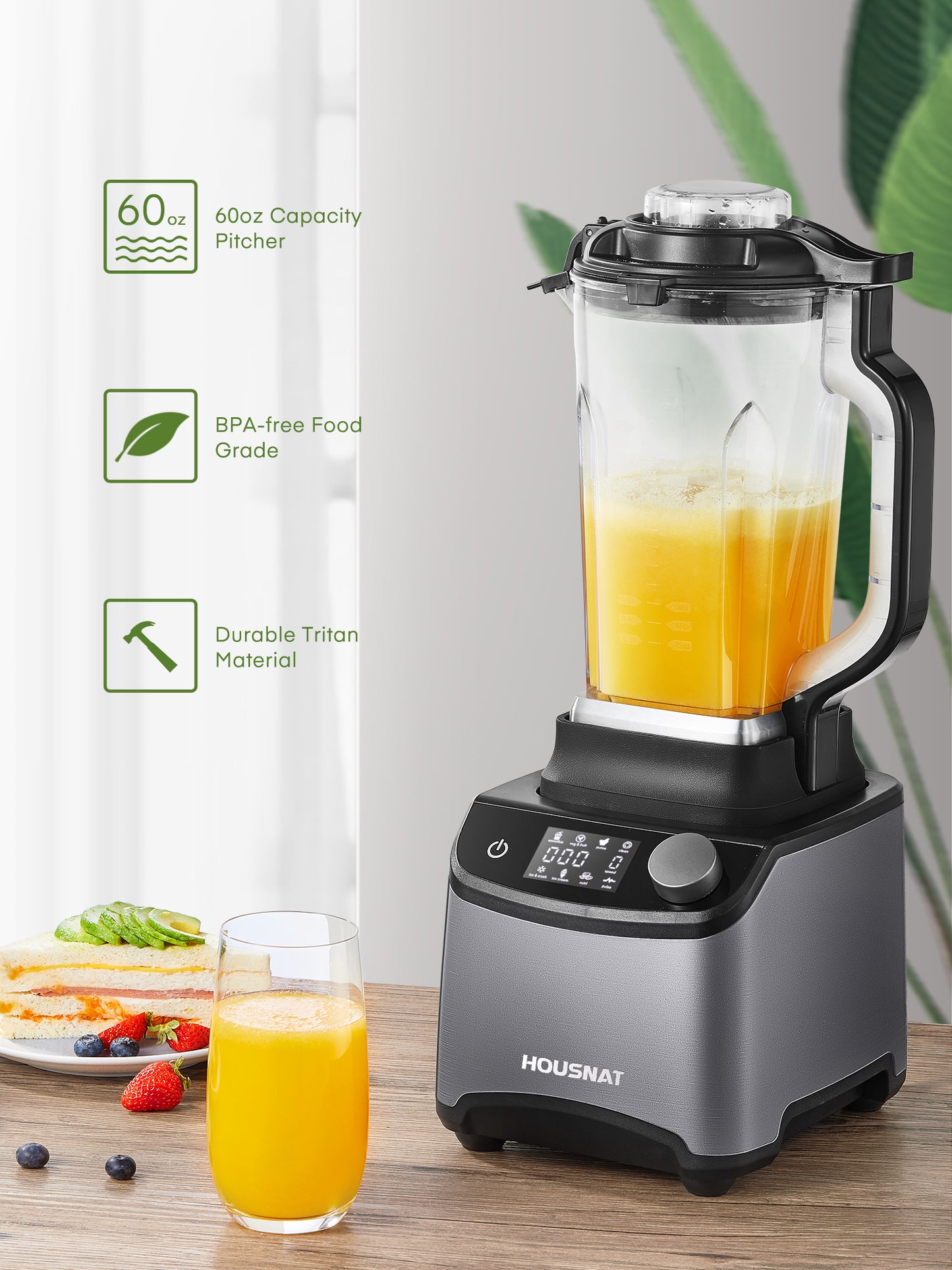Smoothie Blender, Blender for Shakes and Smoothies, 1200W Professional HOUSNAT Countertop Blender for Kitchen, 8 Smart Presets, 8 Speeds, 60OZ BPA Free Pitcher, Infinite Rotary Control