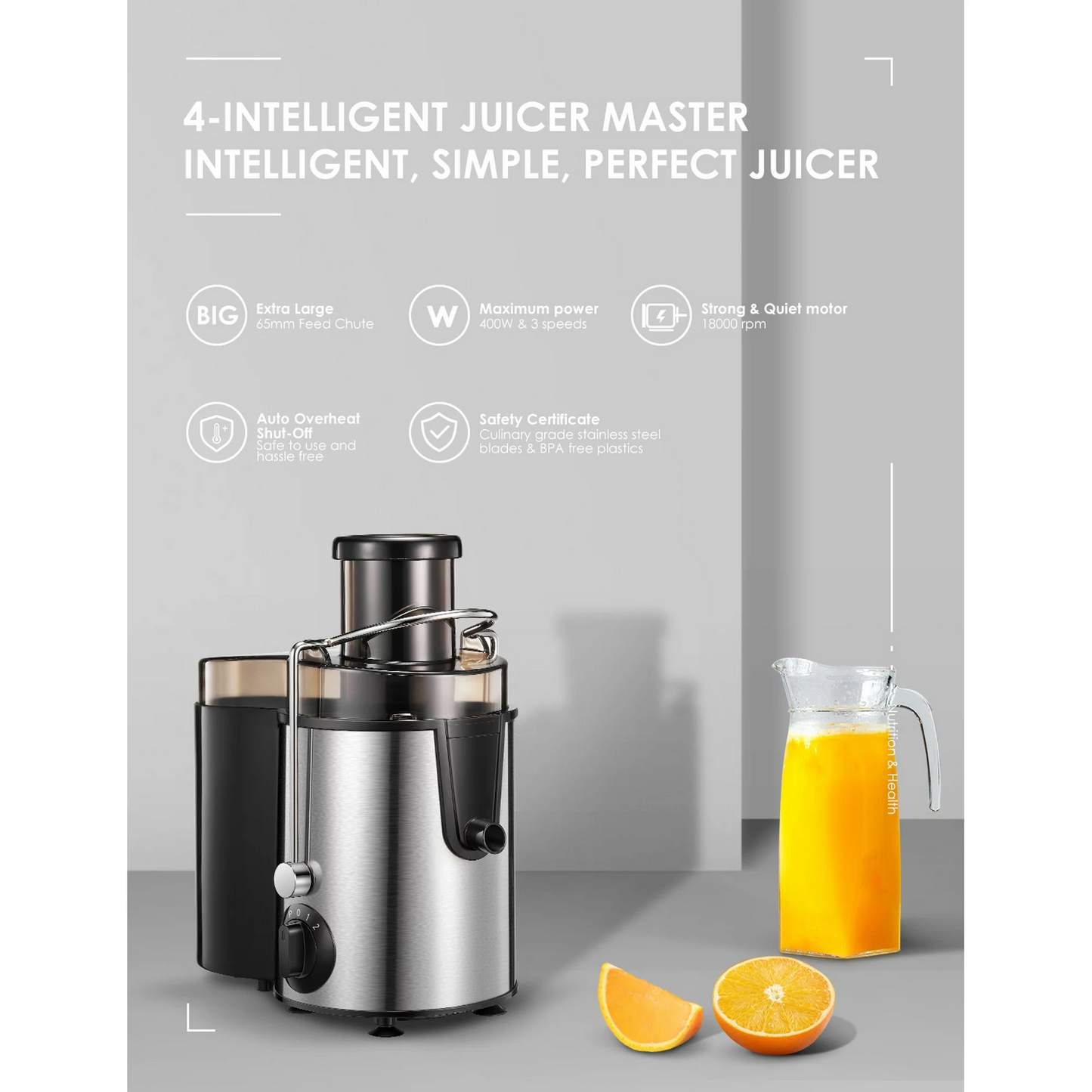 Juicer Centrifugal Juicer Machine Wide 3” Feed Chute Juice Extractor Easy to Clean, Fruit Juicer with Pulse Function and Multi-Speed Control, Anti-Drip, Stainless Steel BPA-Free