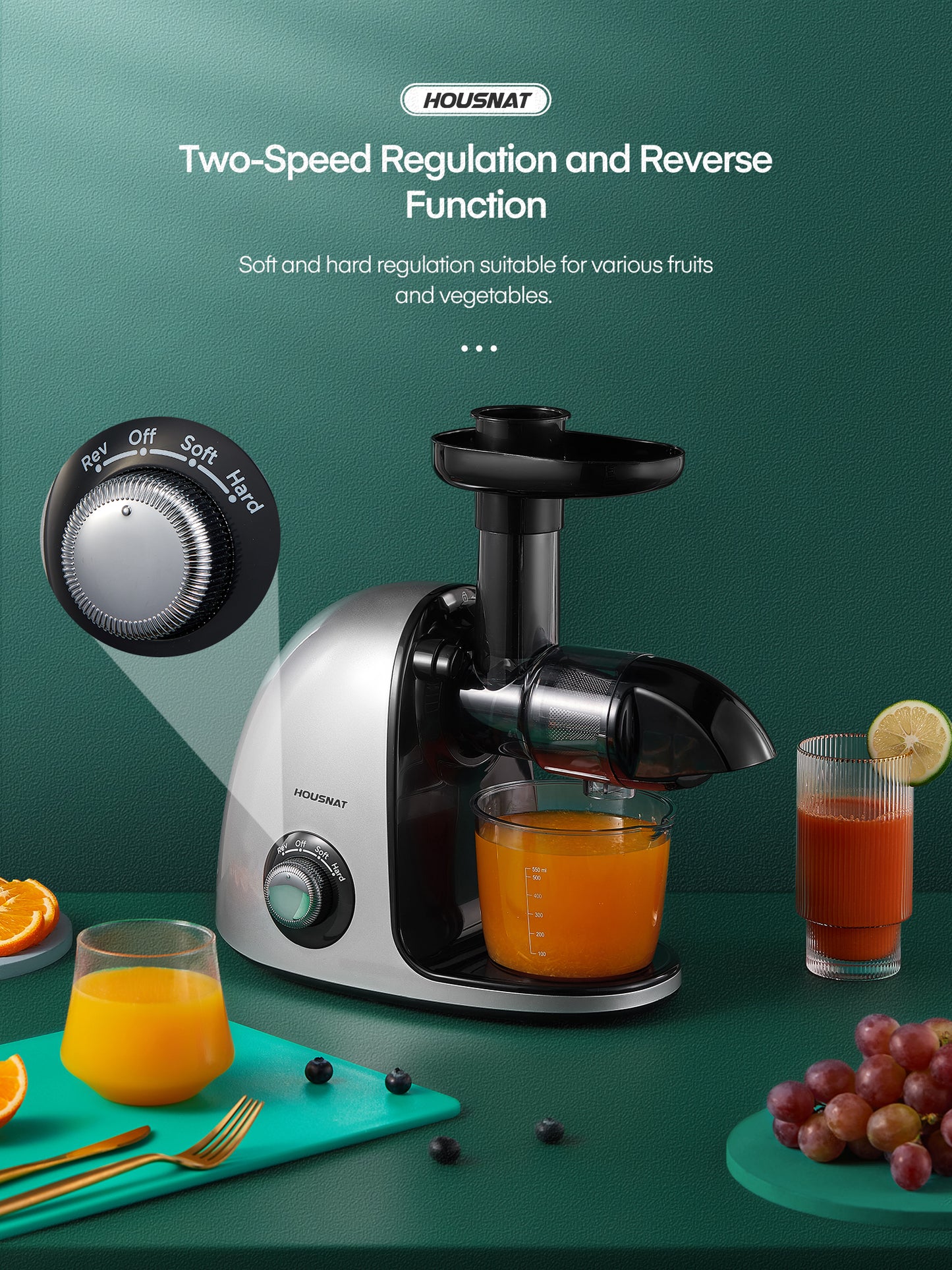 Slow Juicer Machine for Fruits & Vegetables, HOUSNAT Slow Masticating Juicer with Quiet Motor & Reverse Function, Easy to Clean, Cold Press Juice Extractor with 2-Speed Modes, Recipes (Silver Knight)