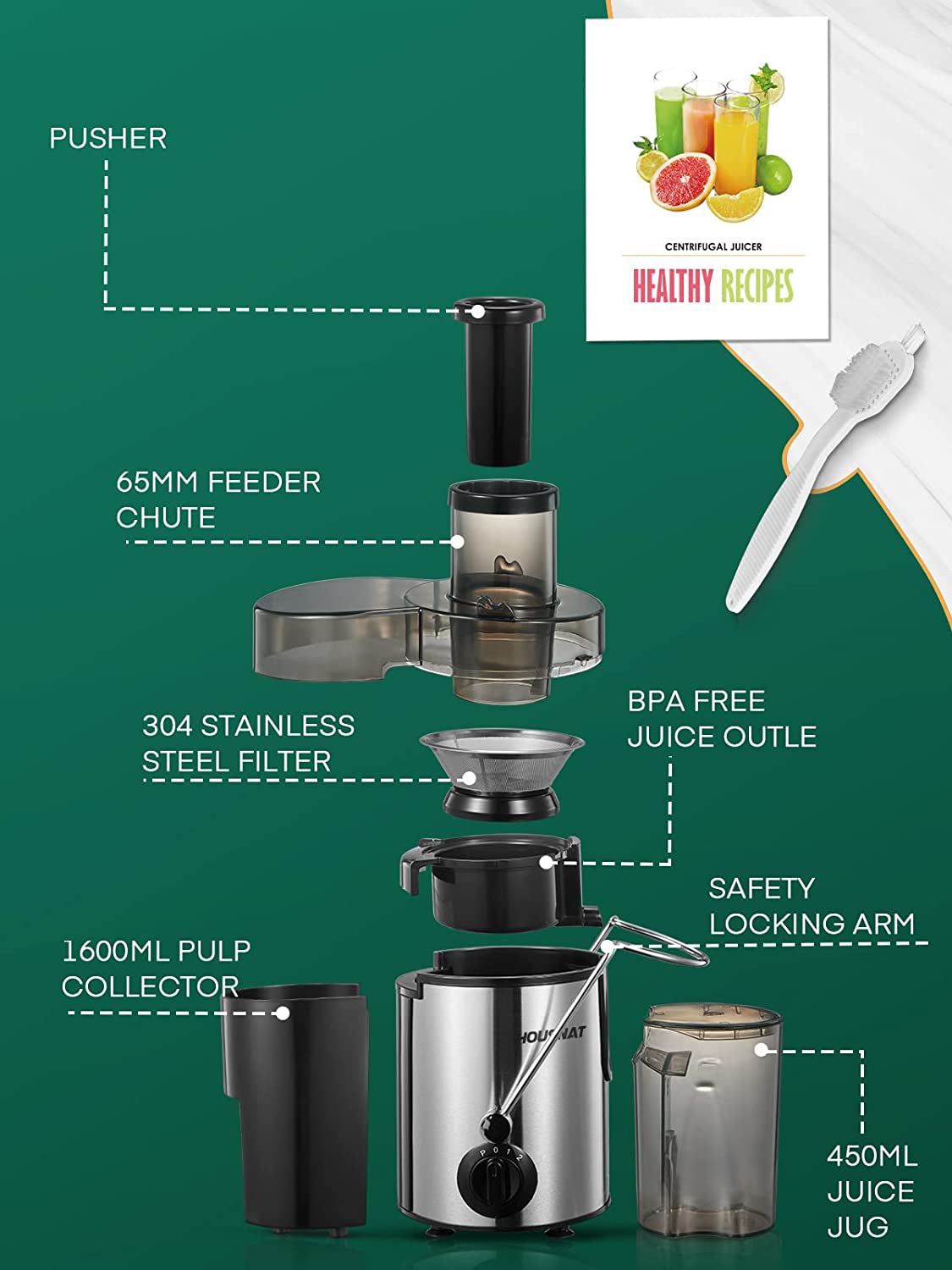 recipe and brush included, Juicer, HOUSNAT Juicer Machines Vegetable and Fruit with 3-Speed Setting, Upgraded Version 400W Motor Quick Juicing, Juicing Recipe Included