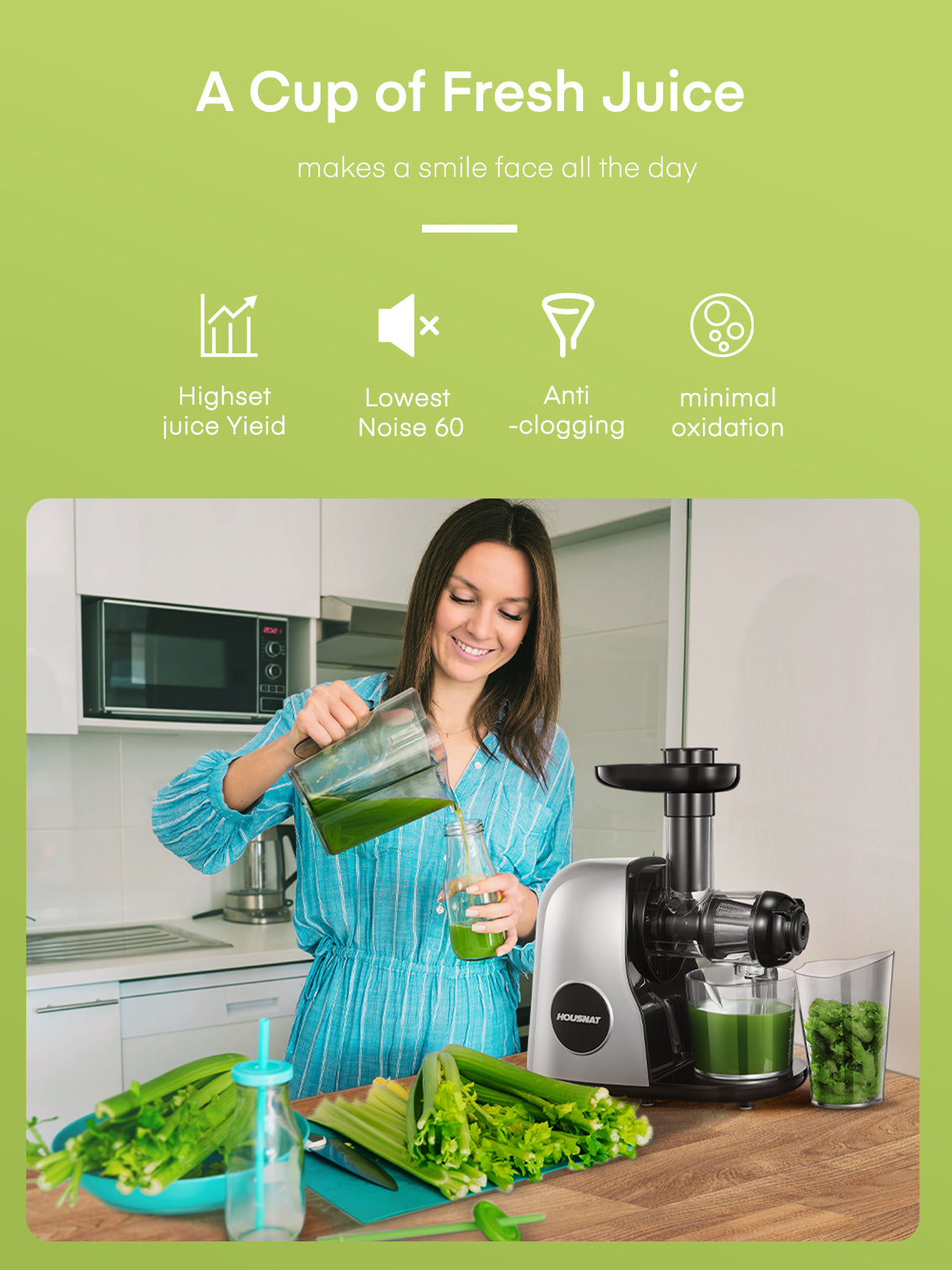 a cup of fresh juice, Juicer Machines, HOUSNAT Professional Celery Slow Masticating Juicer Extractor Easy to Clean, Cold Press Juicer with Quiet Motor and Reverse Function for Fruit & Vegetable, Brushes & Recipes Included, Grey