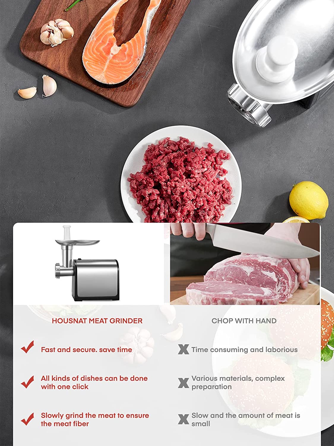 what is differences, Meat Grinder Electric, Stainless Steel, HOUSNAT 2000W Max Heavy Duty Meat Mincer Machine with 2 Blades, 3 Plates, 3 in 1 Food Grinder, Sausage Stuffer Tube & Kubbe Kit for Home Kitchen Use