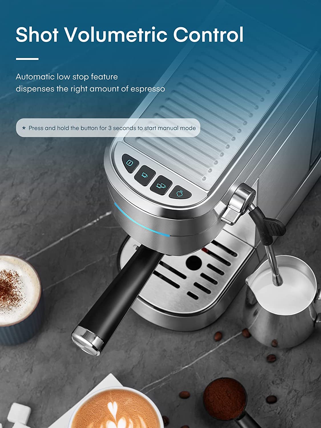 shot volmetric control, HOUSNAT Espresso Machine, 20 Bar Espresso and Cappuccino Maker with Milk Frother Steam Wand, Professional Espresso Coffee Machine for Cappuccino and Latte, Compact Design, Brushed Stainless Steel