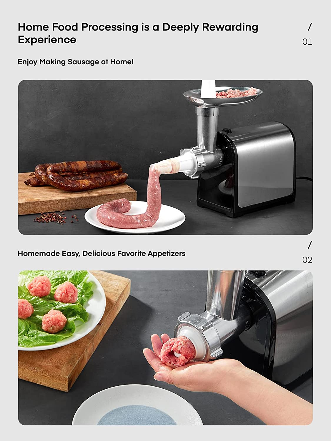 home food processing is a deeply rewarding experience, Meat Grinder Electric, Stainless Steel, HOUSNAT 2000W Max Heavy Duty Meat Mincer Machine with 2 Blades, 3 Plates, 3 in 1 Food Grinder, Sausage Stuffer Tube & Kubbe Kit for Home Kitchen Use