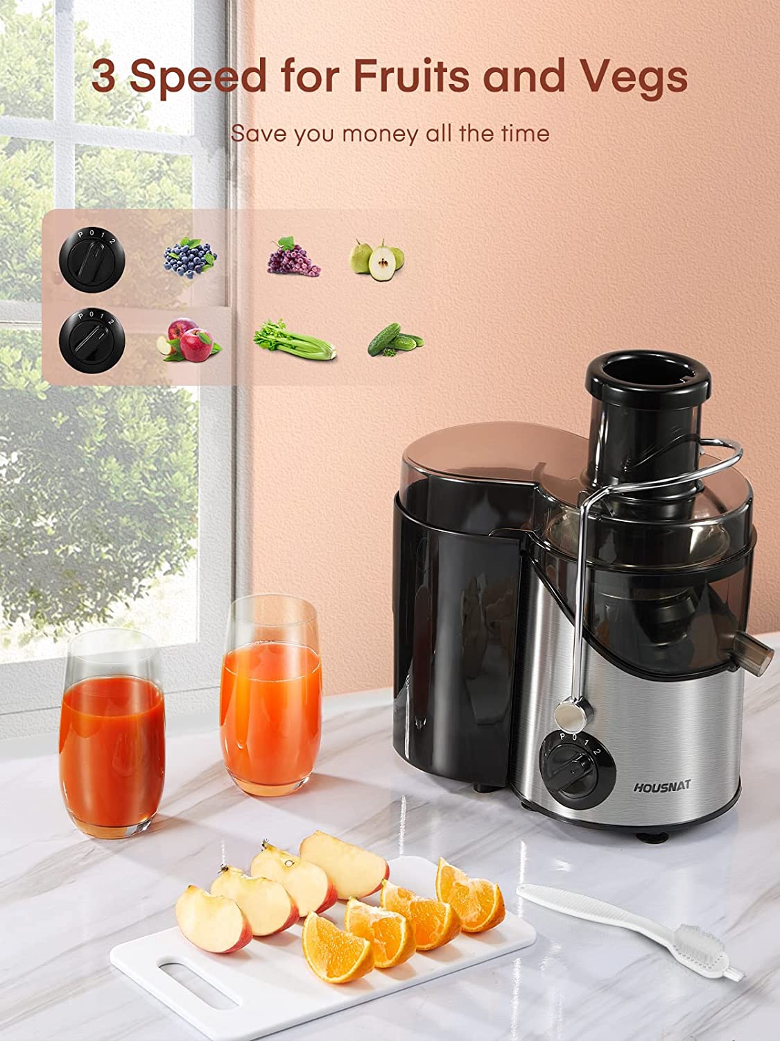 3 speed for fruits and vegs, Juicer Machine, Juicers Easy to Clean, HOUSNAT Centrifugal Extractor Juicer 3 Speeds with Big Mouth 3" Feed Chute, Juicer Extractor for Fruits & Vegs, Electric Juicer with Anti-Slip, BPA-Free