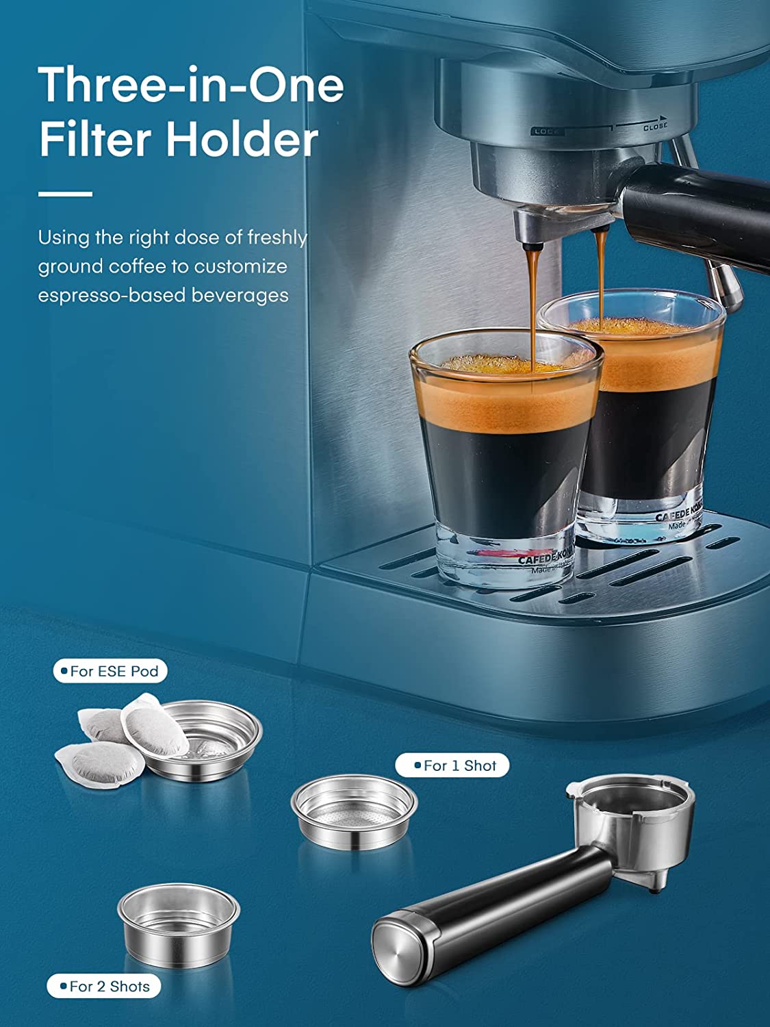three-in-one filter ho;der, HOUSNAT Espresso Machine, 20 Bar Espresso and Cappuccino Maker with Milk Frother Steam Wand, Professional Espresso Coffee Machine for Cappuccino and Latte, Compact Design, Brushed Stainless Steel