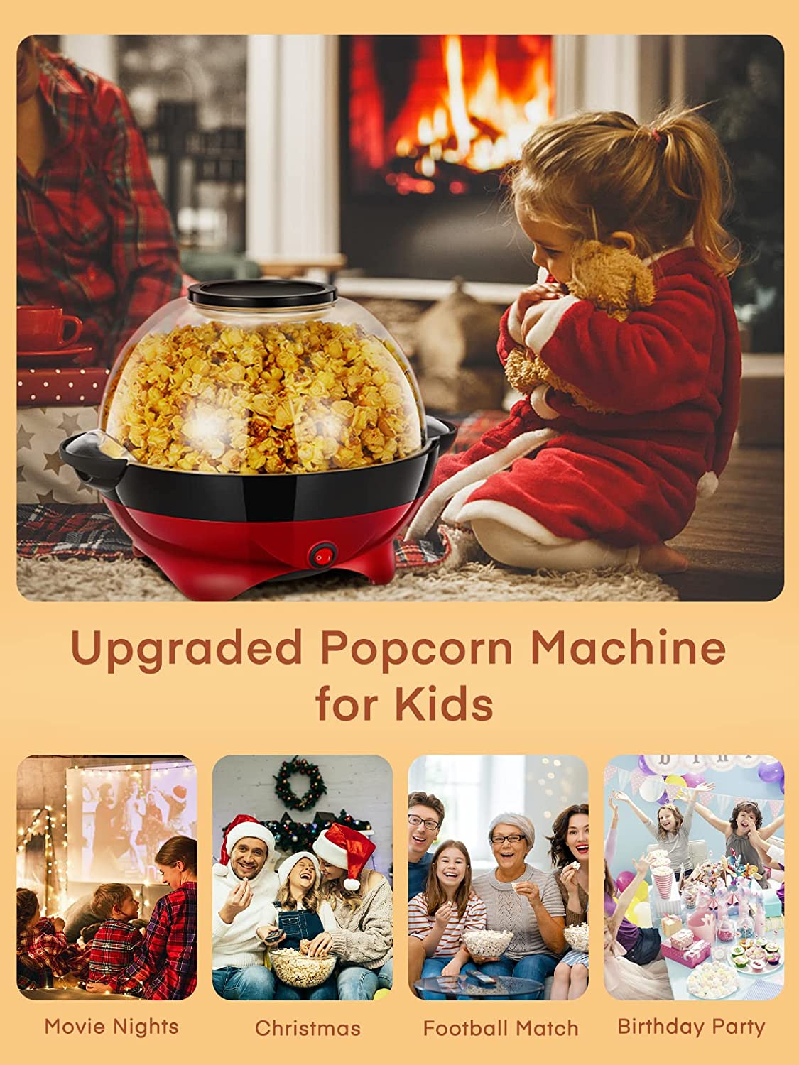 Popcorn Machine, 28 Cups & 6.3 Quarts, HOUSNAT 800W Electric Hot Oil  Popcorn Popper with Stirring Rod, Large Lid for Serving Bowl and Convenient