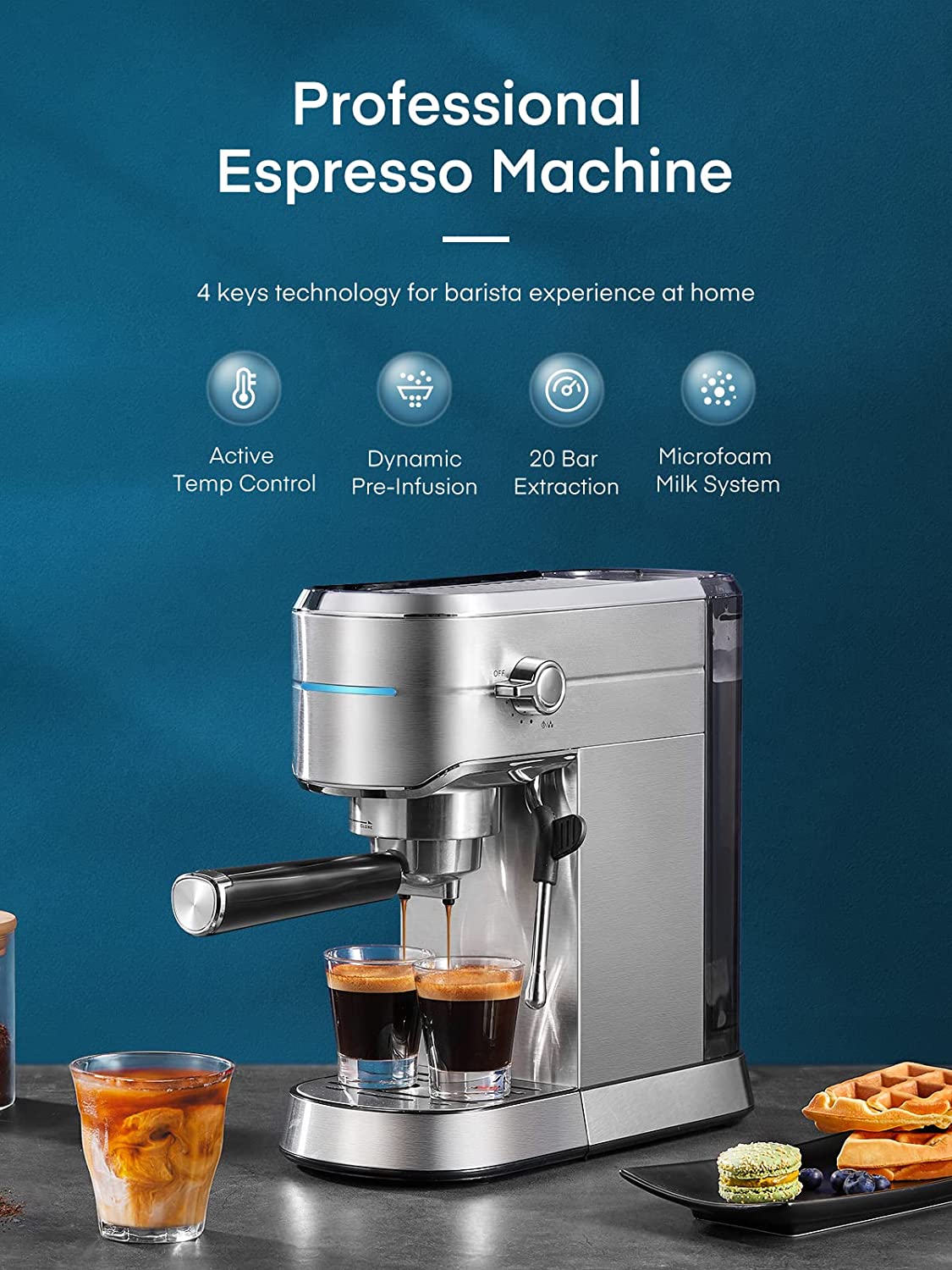 professional espresso machine, HOUSNAT Espresso Machine, 20 Bar Espresso and Cappuccino Maker with Milk Frother Steam Wand, Professional Espresso Coffee Machine for Cappuccino and Latte, Compact Design, Brushed Stainless Steel