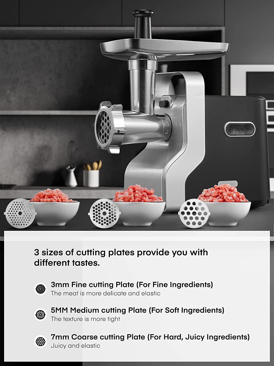 3 sizes of cutting plates provide you with different tastes, Heavy Duty Electric Meat Grinder, 2500W Max Ultra Powerful, 5 in 1 HOUSNAT Multifunction Food Grinder, Sausage Stuffer, Slicer/Shredder/Grater, Kubbe & Tomato Juicing Kits, Home Kitchen Use