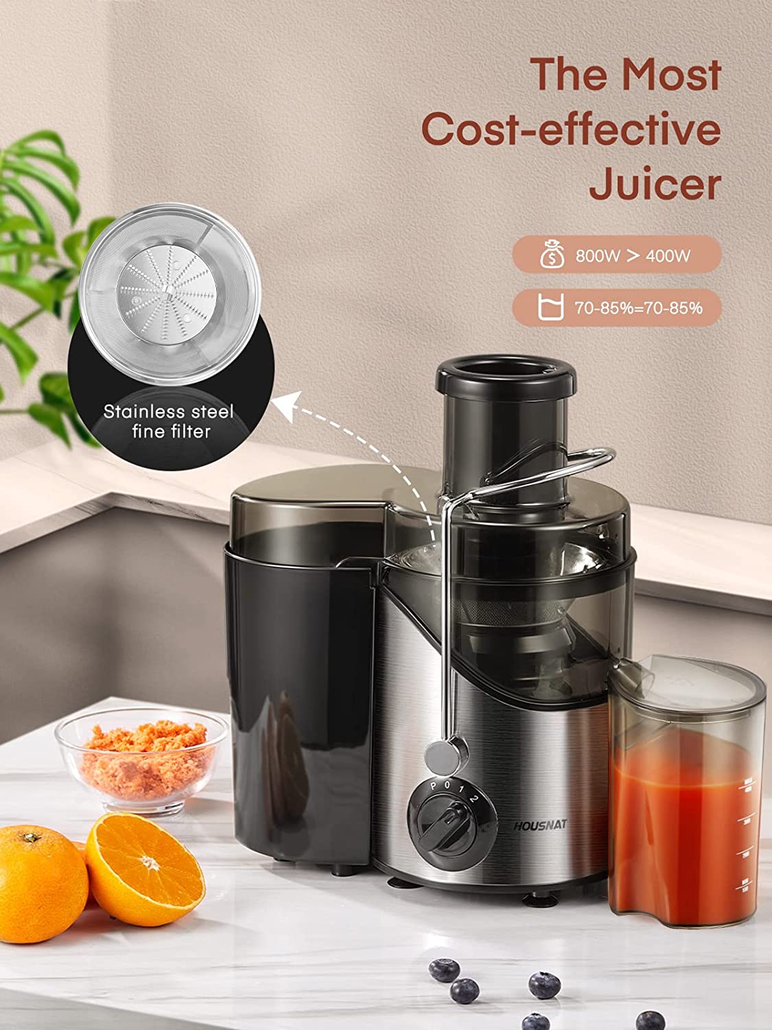 the most cost effective juicer, Juicer Machine, Juicers Easy to Clean, HOUSNAT Centrifugal Extractor Juicer 3 Speeds with Big Mouth 3" Feed Chute, Juicer Extractor for Fruits & Vegs, Electric Juicer with Anti-Slip, BPA-Free