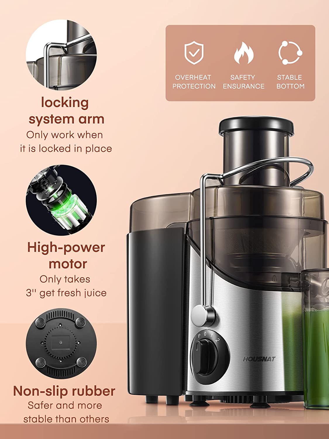 locking system arm, high power motor, non slip rubberm,, Juicer Machine, Juicers Easy to Clean, HOUSNAT Centrifugal Extractor Juicer 3 Speeds with Big Mouth 3" Feed Chute, Juicer Extractor for Fruits & Vegs, Electric Juicer with Anti-Slip, BPA-Free