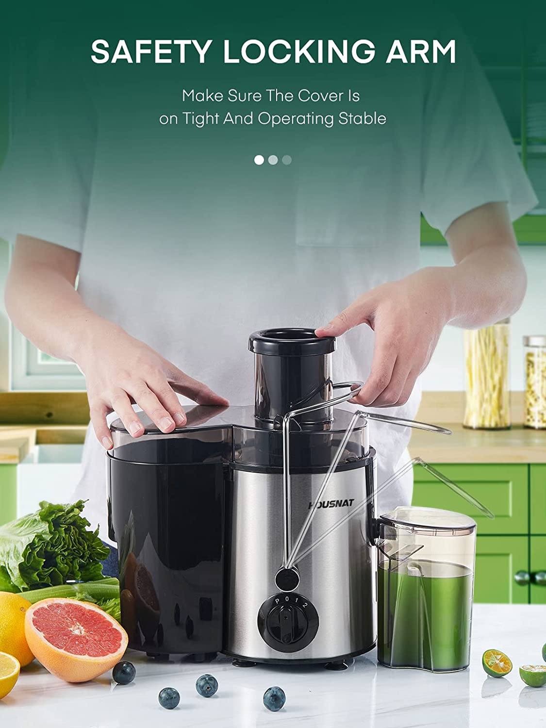 safety locking arm, Juicer, HOUSNAT Juicer Machines Vegetable and Fruit with 3-Speed Setting, Upgraded Version 400W Motor Quick Juicing, Juicing Recipe Included