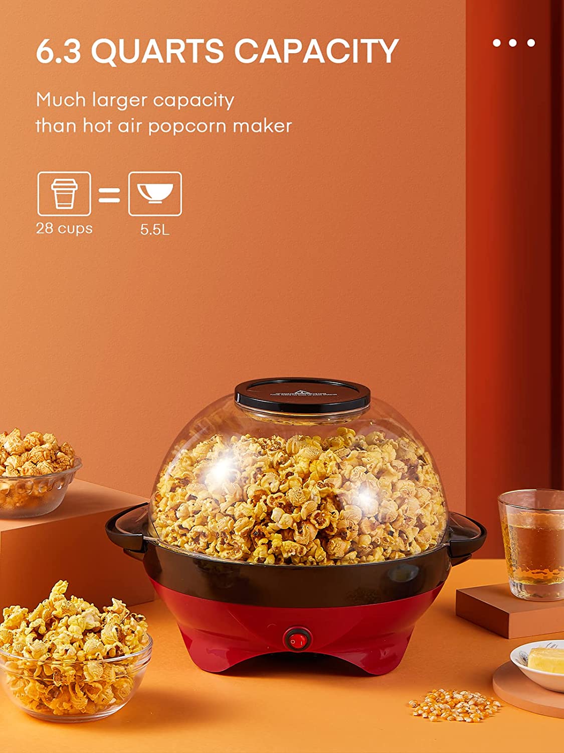 Popcorn Machine, 28 Cups & 6.3 Quarts, HOUSNAT 800W Electric Hot Oil Popcorn Popper with Stirring Rod, Large Lid for Serving Bowl and Convenient Storage, Removable & Nonstick Plate, 2 Measuring Cups