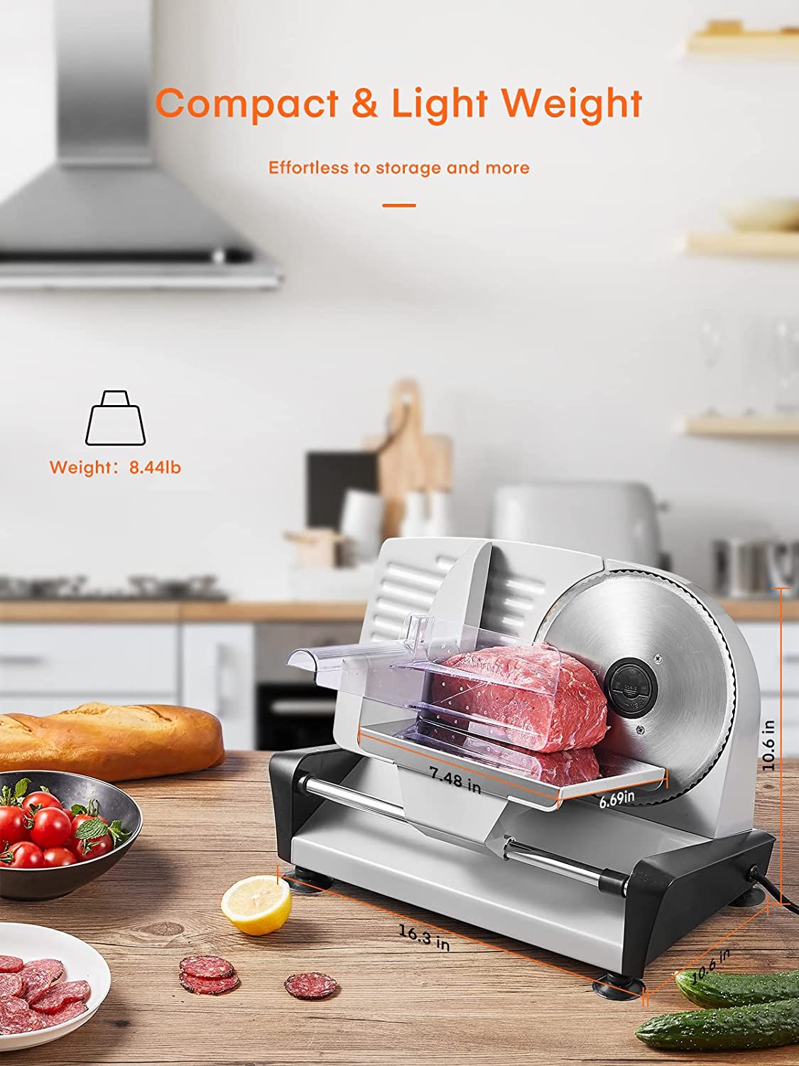 compact and light weight, Meat Slicer For Home Use, Housnat Kitchen Pro Electric Deli & Food Slicer with 0-15mm Adjustable Thickness and 7.5" Stainless Steel Blade Cuts Meat, Cheese, Bread, Include Food Pusher, 150W