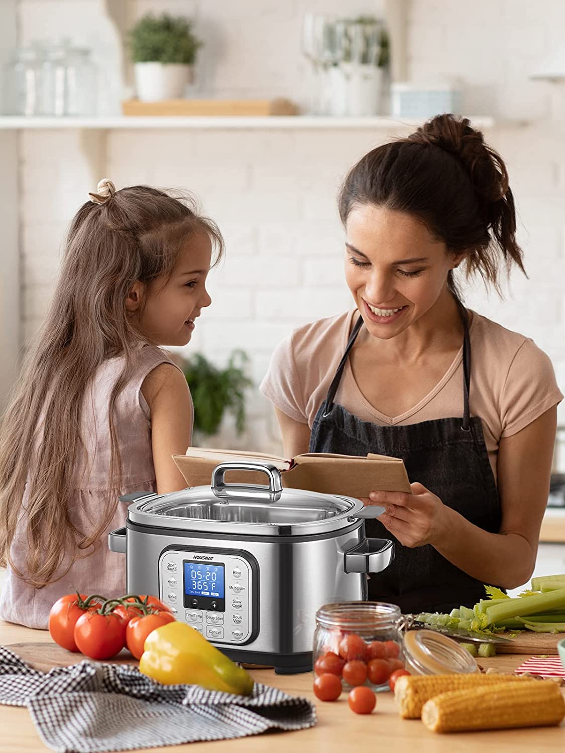 Slow Cooker, HOUSNAT 10 in 1 Programmable Cooker, 6Qt Stainless Steel, Rice Cooker, Yogurt Maker, Delay Start, Steaming Rack and Glass Lid, Adjustable Temp&Time for Slow Cook with Digital Timer