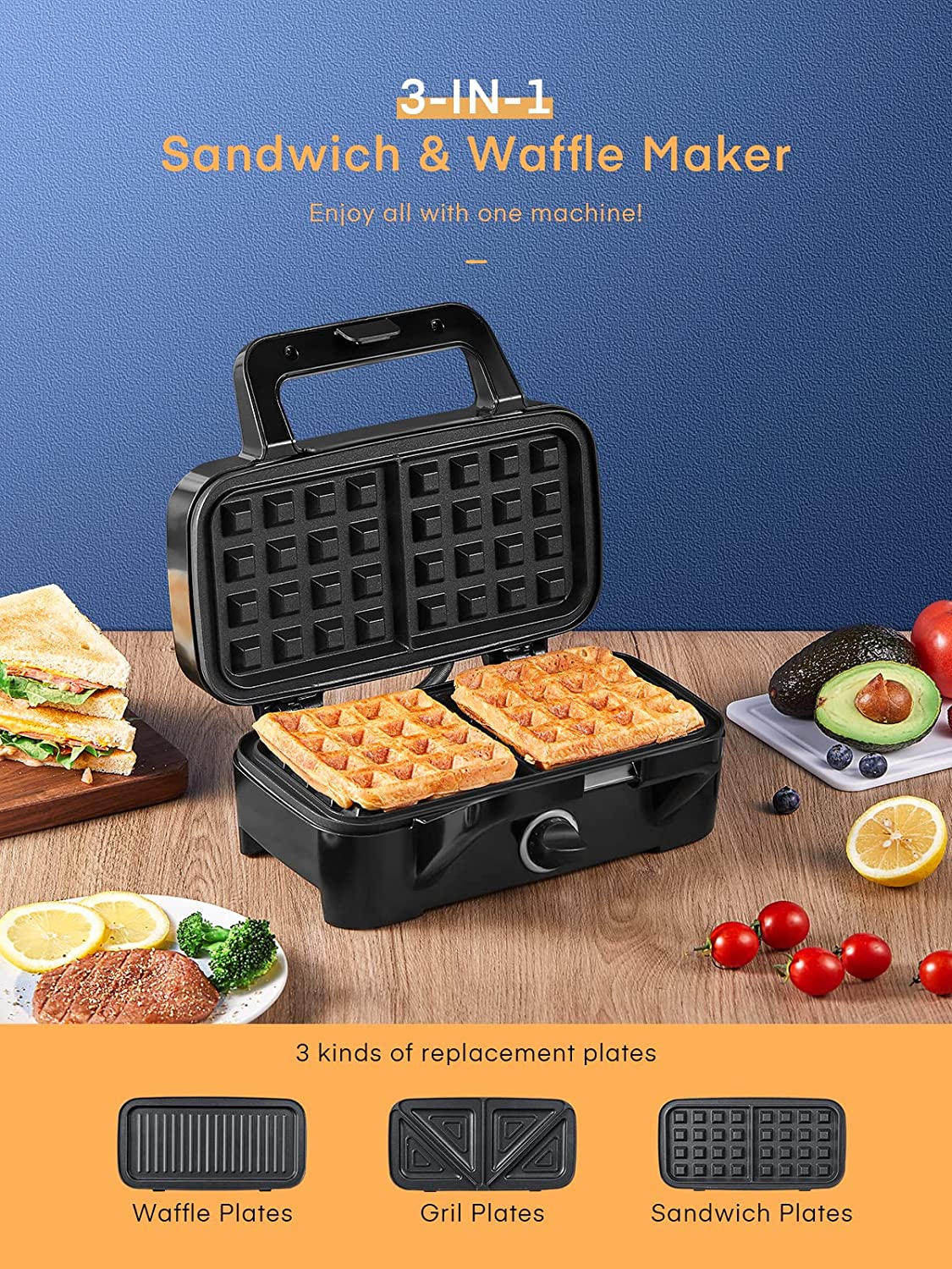 HOUSNAT 3 in 1 Sandwich Maker, Waffle Maker with Removable Plates, 1200W  Panini Press with Interchangeable Non-Stick Plates, Indicator Lights,  5-gear
