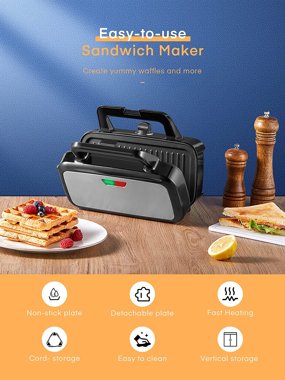easy to use, HOUSNAT 3 in 1 Sandwich Maker, Waffle Maker with Removable Plates, 1200W Panini Press with Interchangeable Non-Stick Plates, Indicator Lights, 5-gear Temperature Control, Silver/Black