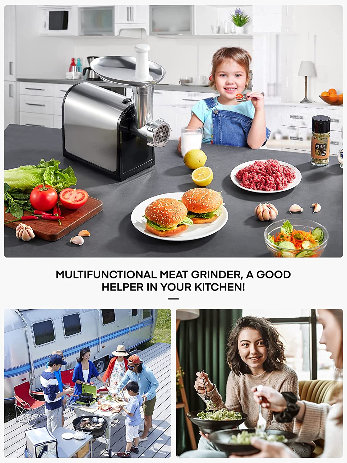 multifunctional meat grinder, a good helper in your kitchen, Meat Grinder Electric, Stainless Steel, HOUSNAT 2000W Max Heavy Duty Meat Mincer Machine with 2 Blades, 3 Plates, 3 in 1 Food Grinder, Sausage Stuffer Tube & Kubbe Kit for Home Kitchen Use