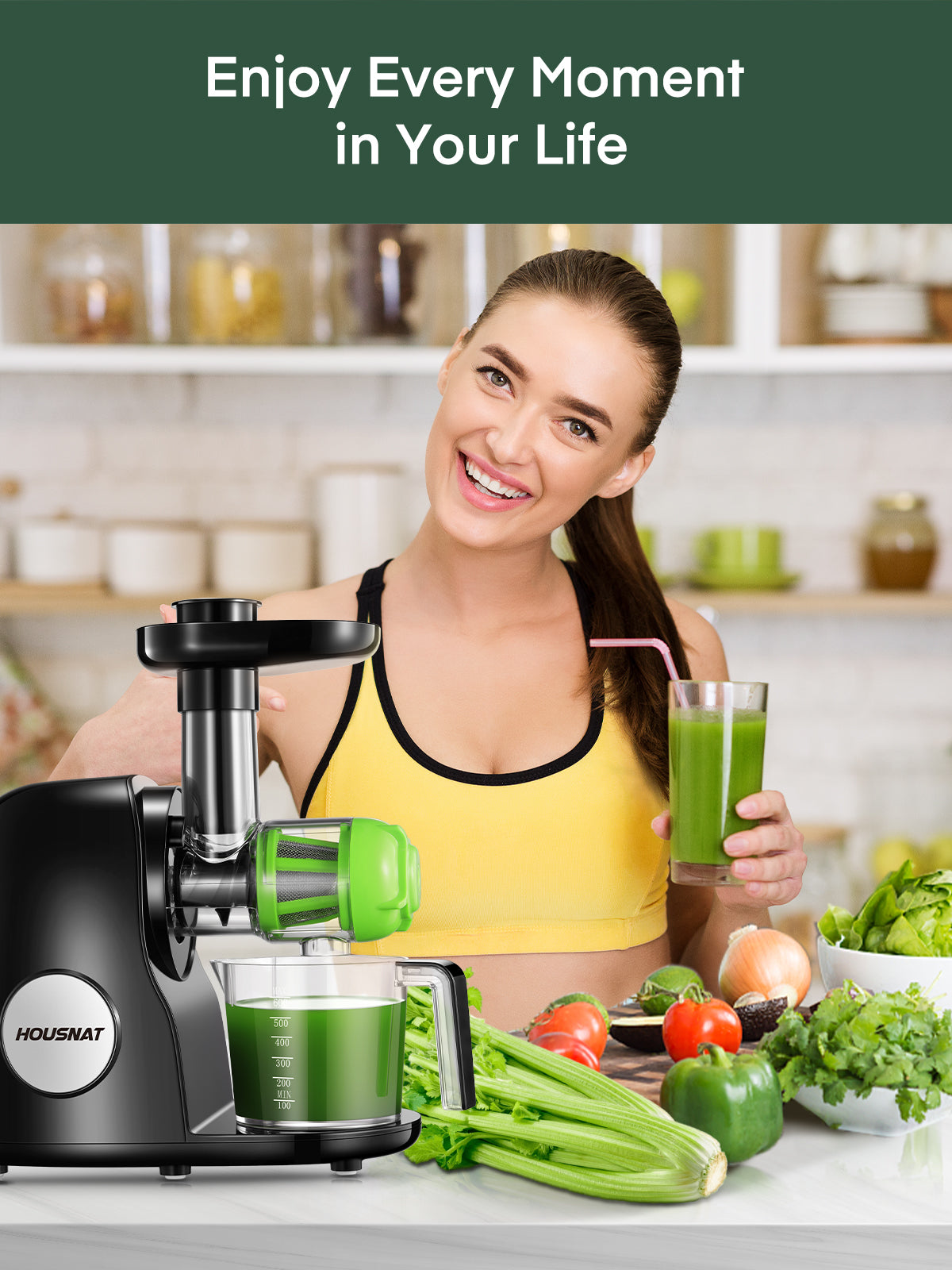 enjoy every moment in your life, Juicer Machines, HOUSNAT Professional Celery Slow Masticating Juicer Extractor Easy to Clean, Cold Press Juicer with Quiet Motor and Reverse Function for Fruit & Vegetable, Brushes & Recipes Included, Black